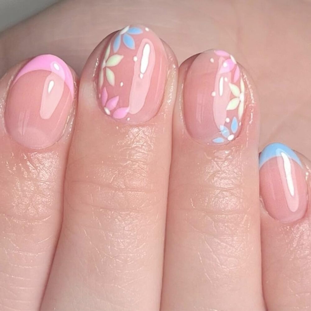 Blue,Pink Short Squoval Press On Nails Blue Pink Floral Glossy French Tips Reusable Fake Nails Set 24Pcs