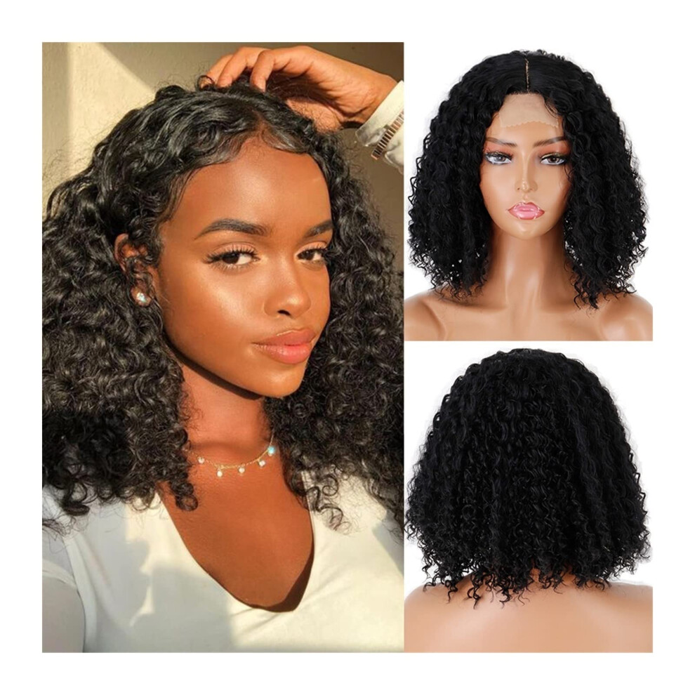 Curly Bob Wig for Black Women, 11' Heat Resistant Synthetic Short Curly Wig with Middle Part