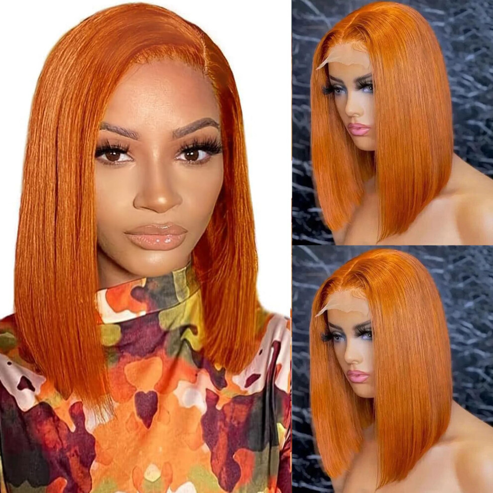 Unisex Orange Hd Lace Front Wig Human Hair Bob 13X4 Glueless Ginger Straight Short Cut Preplucked Hairline