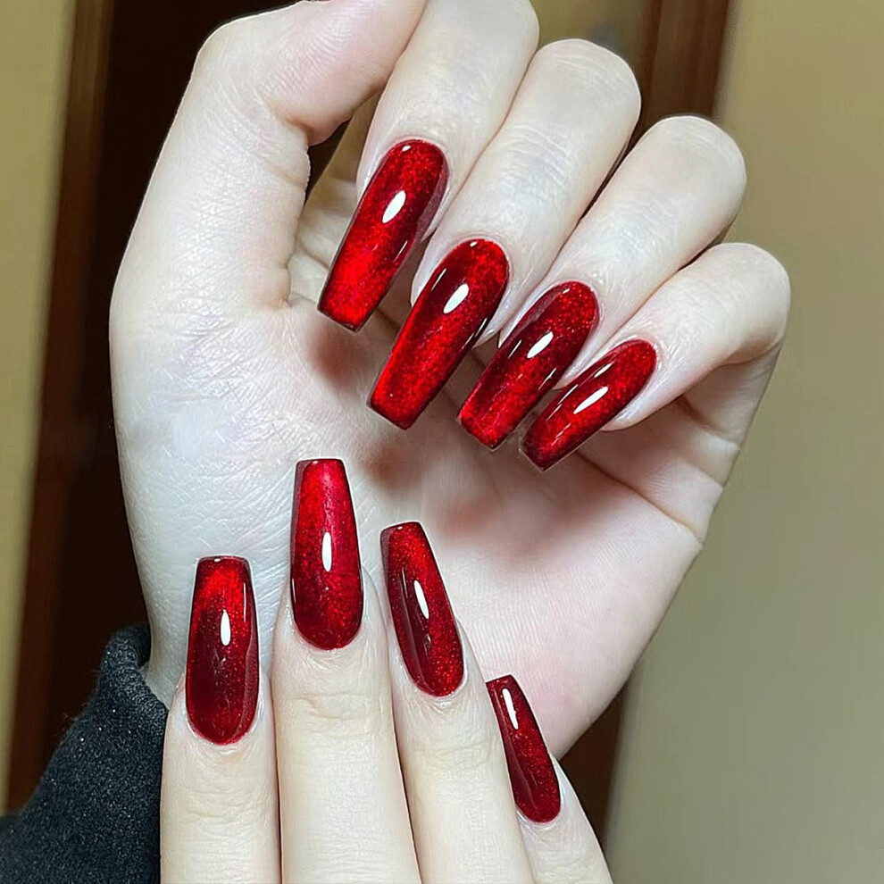 Red Cat Eye Press On Nails Medium Coffin Fake Nails For Women Reusable Glossy Acrylic Manicure Kit