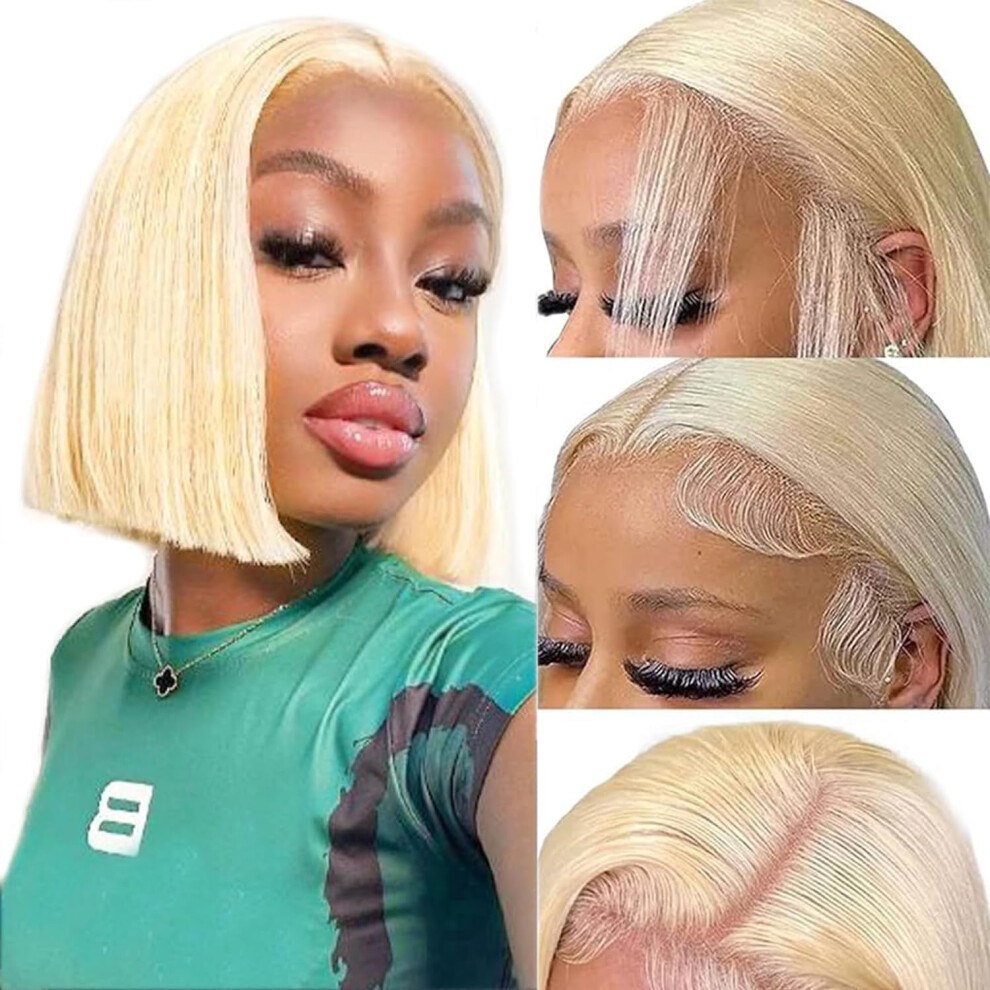 Unisex 613 Blonde Bob Wig Human Hair 13X4 Hd Lace Front, 180% Density, Glueless Preplucked 8 Inch