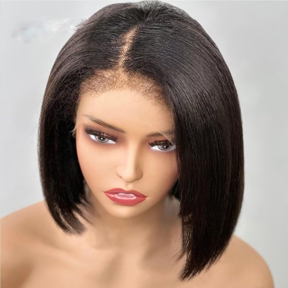 Human Hair Lace Front Wig 8 Inch Yaki Bob with HD Transparent Lace, Glueless, 150% Density, Pre Plucked