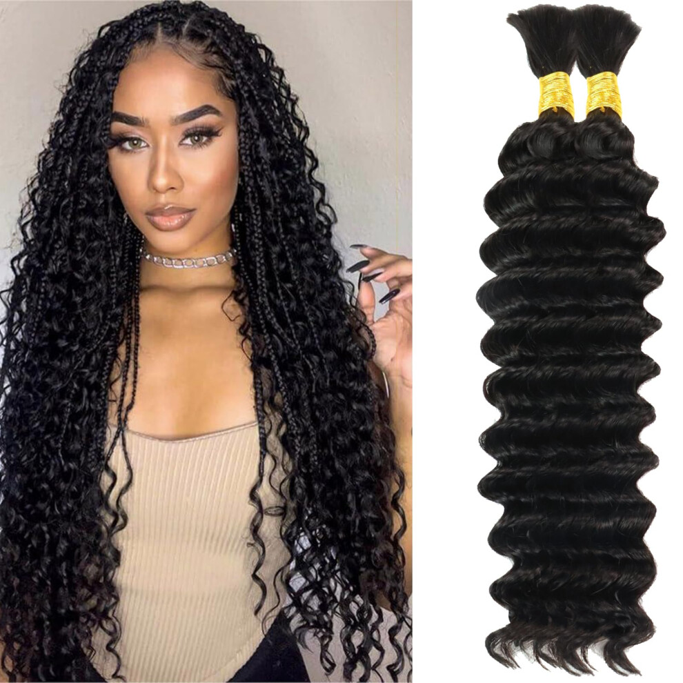 Unisex Human Braiding Hair 2 Bundles Brazilian Virgin Deep Wave Bulk Extensions Wet And Wavy For Boho Braids 26+24 Inch