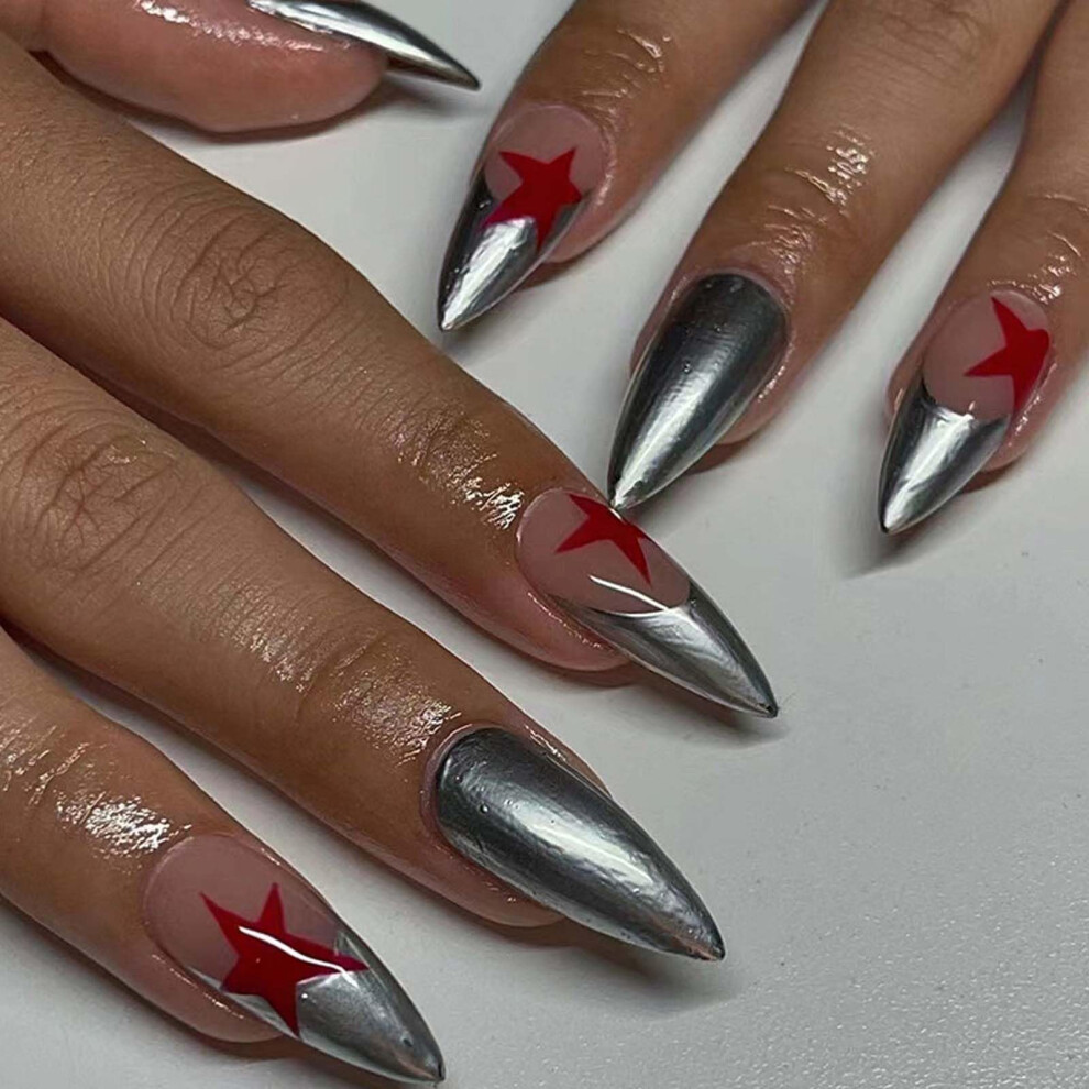 Medium Almond Press On Nails French Tip with Star Design Reusable Fake Nails 24pcs