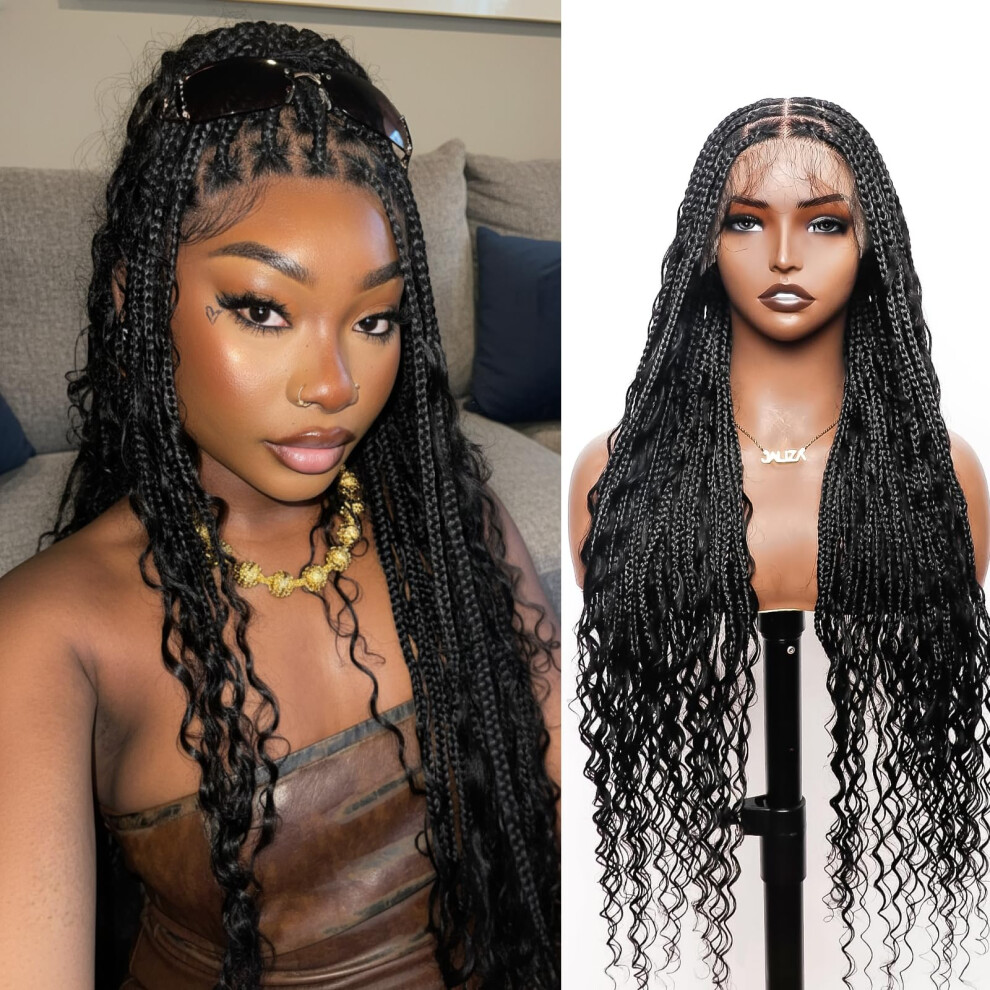 36 Inch Human Hair Lace Front Boho Curls Wig HD Full Lace Knotless Braids Black 1B