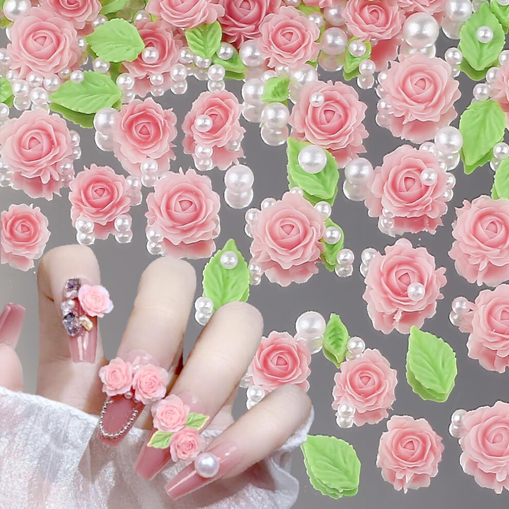 Pink/White 3D Flower Nail Charms With Pearls And Leaves, Mixed Size Camellia Rose Resin Decorations For Diy Manicure