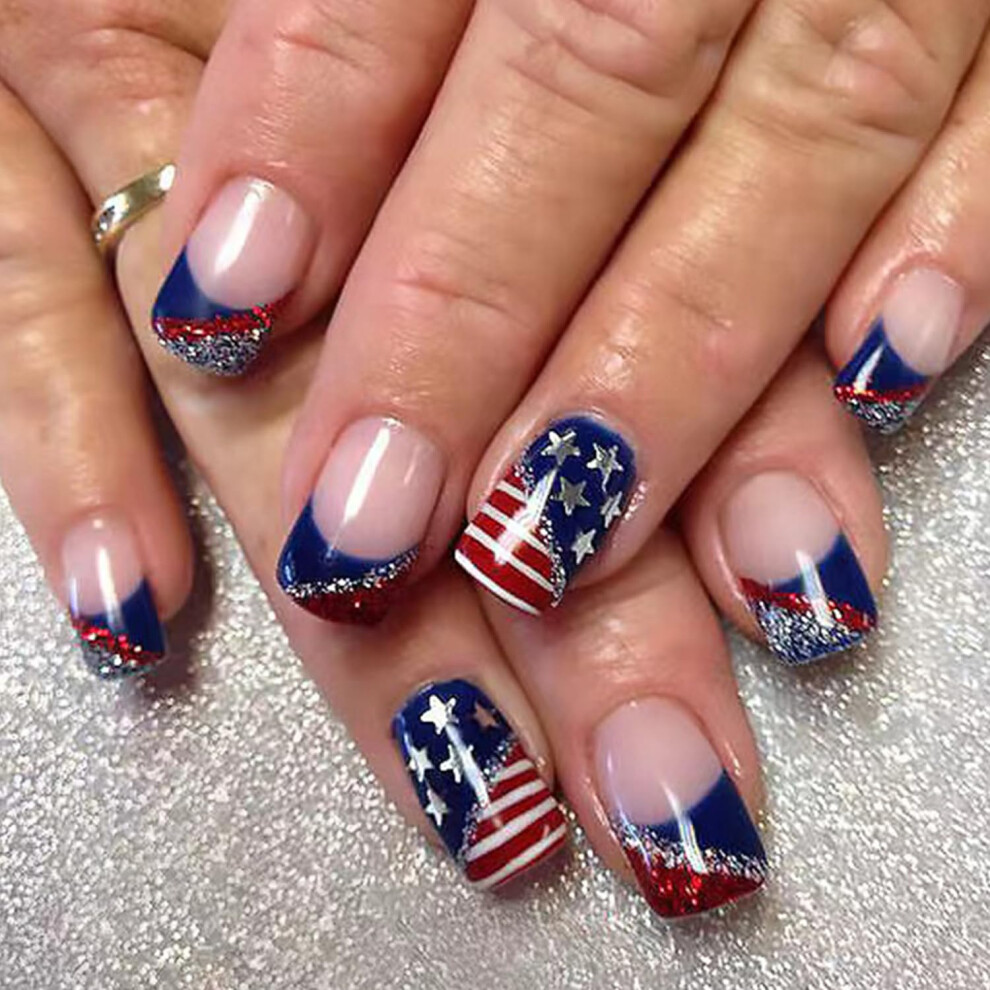 Fourth of July Press on Nails Short Square Fake Nails with Patriotic American Flag Design 24pcs