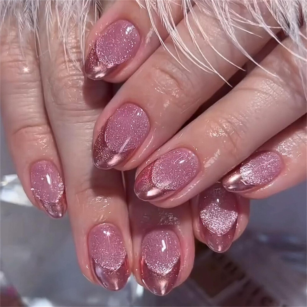 24PCS Oval Short Cat Eye Aurora Press On Nails Kit, Multicolored Full Cover Fake Nails