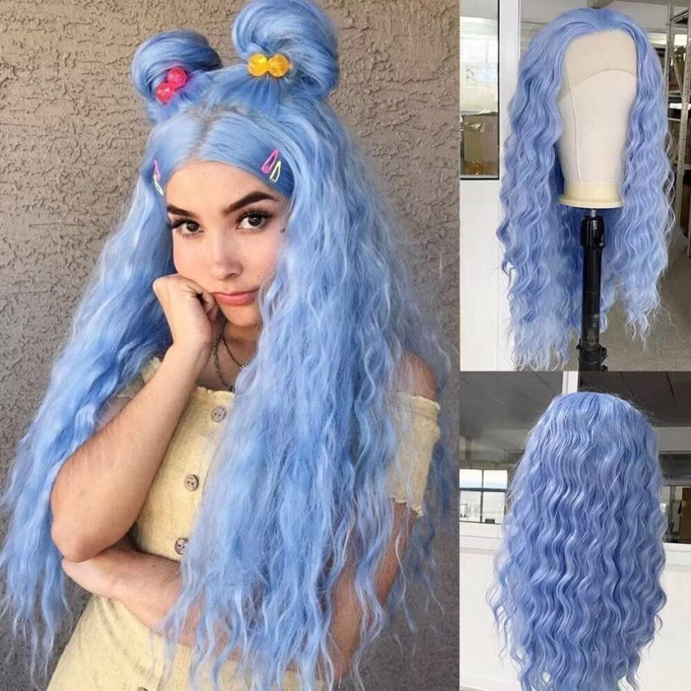 Light Blue Lace Front Wig Long Body Wave Heat Resistant Synthetic Hair for Women Cosplay 24''