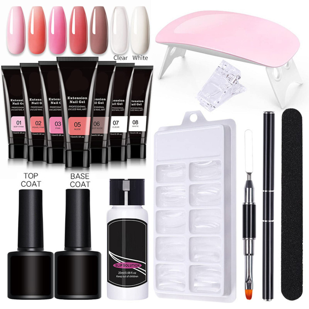Nail Extension Gel Kit with Lamp, 7 Colors, Fake Nails, Fast Cure, LongLasting Gloss Finish