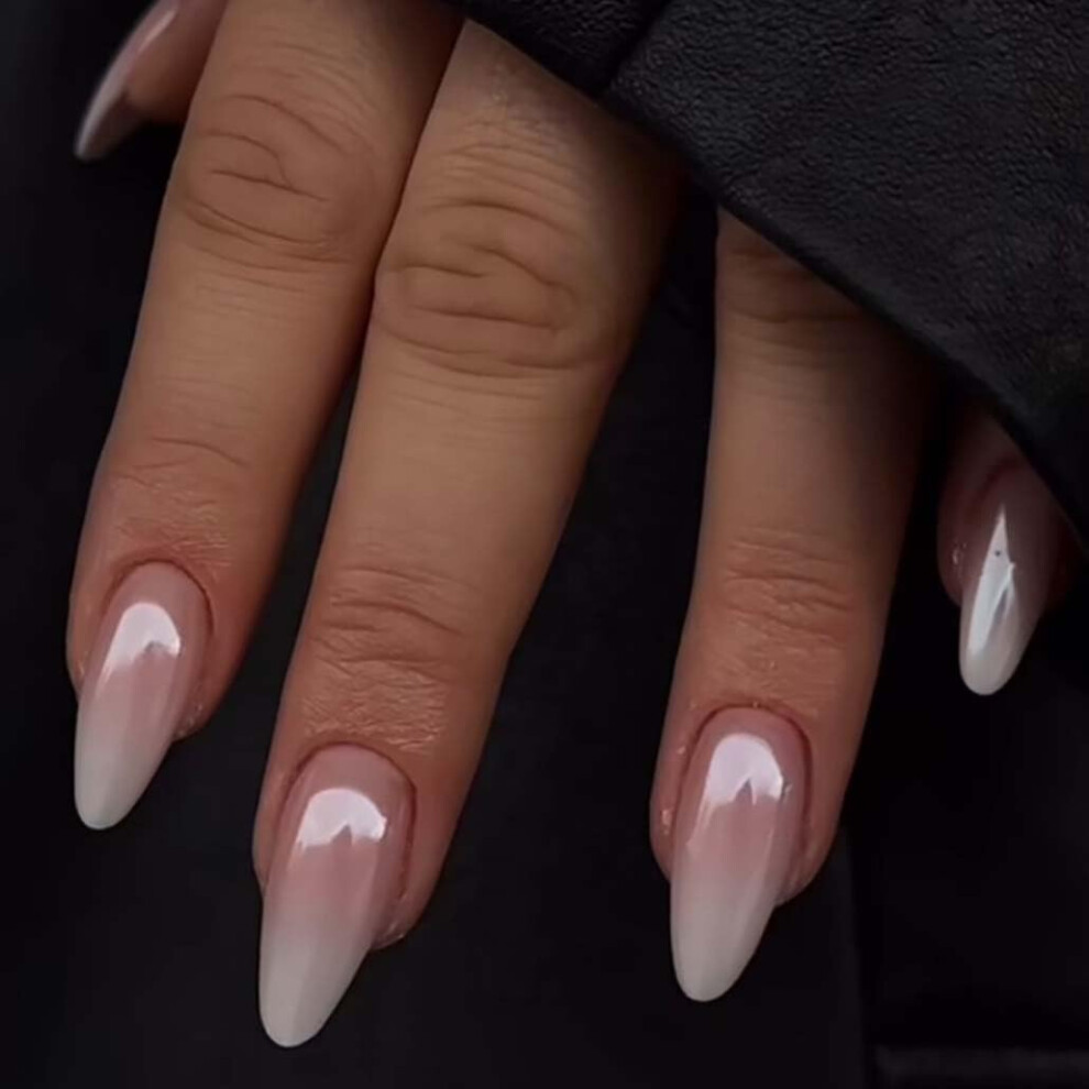 Almond Press on Nails Glossy Pink Medium Long Fake Nails for Women with Glue Stickers 24pcs