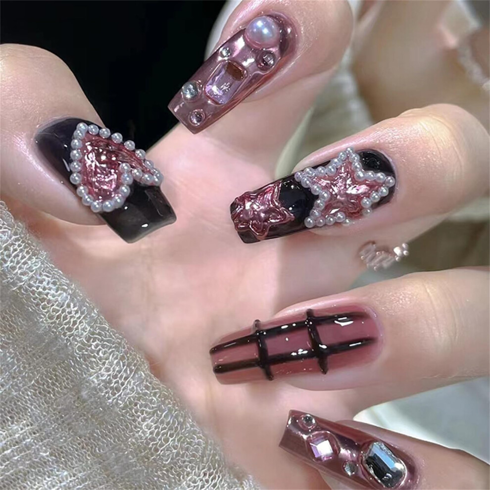 Coffin Press on Nails with Rhinestones Long Fake Nails for Women Shiny Heart Star Tips 24pcs