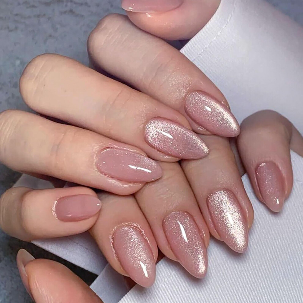 Pink Almond Press On Nails Medium Glossy Fake Acrylic Nails With Glue Tabs For Women