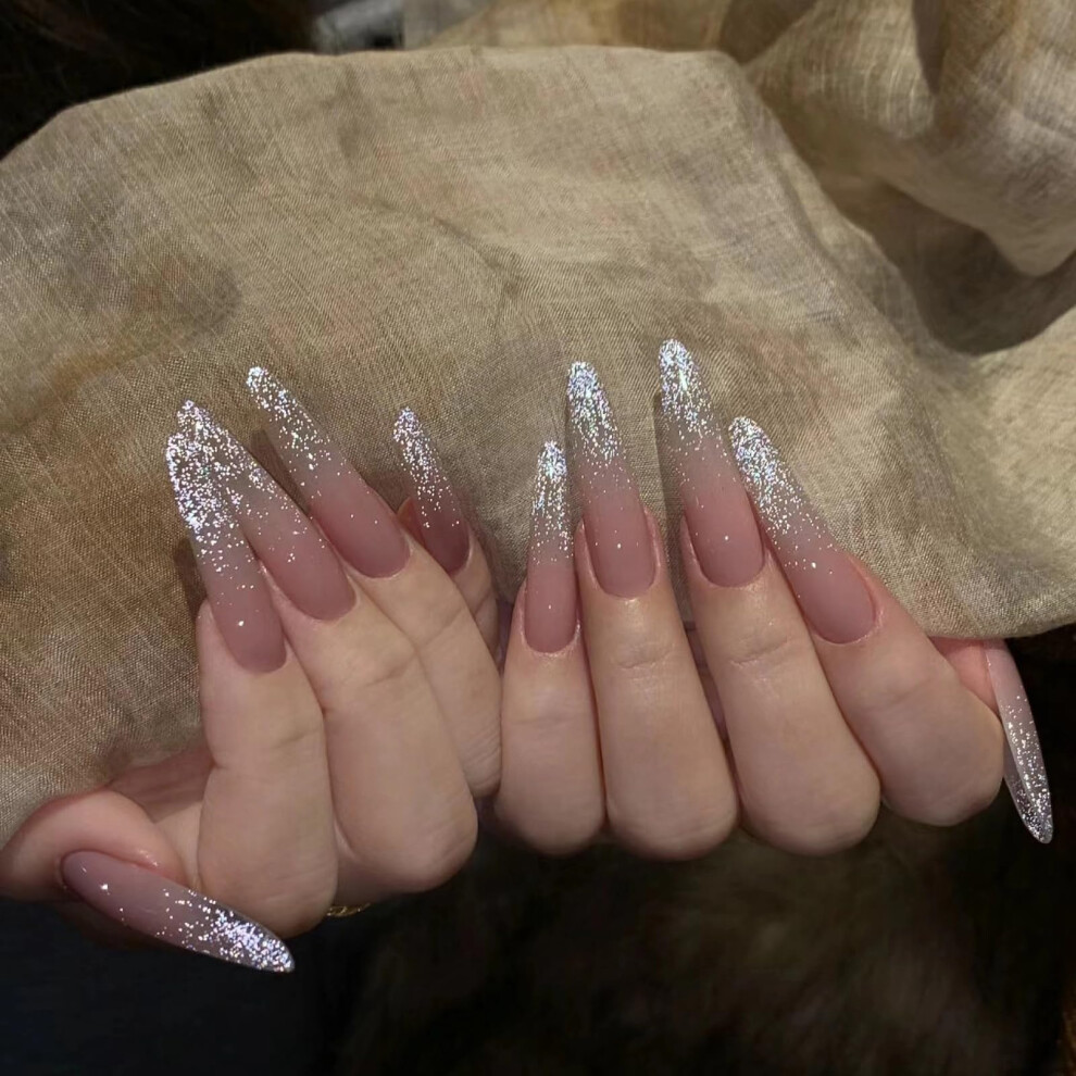 Pink Long Stiletto Press On Nails Glitter Acrylic False Nails Almond Shape Instant Glam Manicure 24Pcs