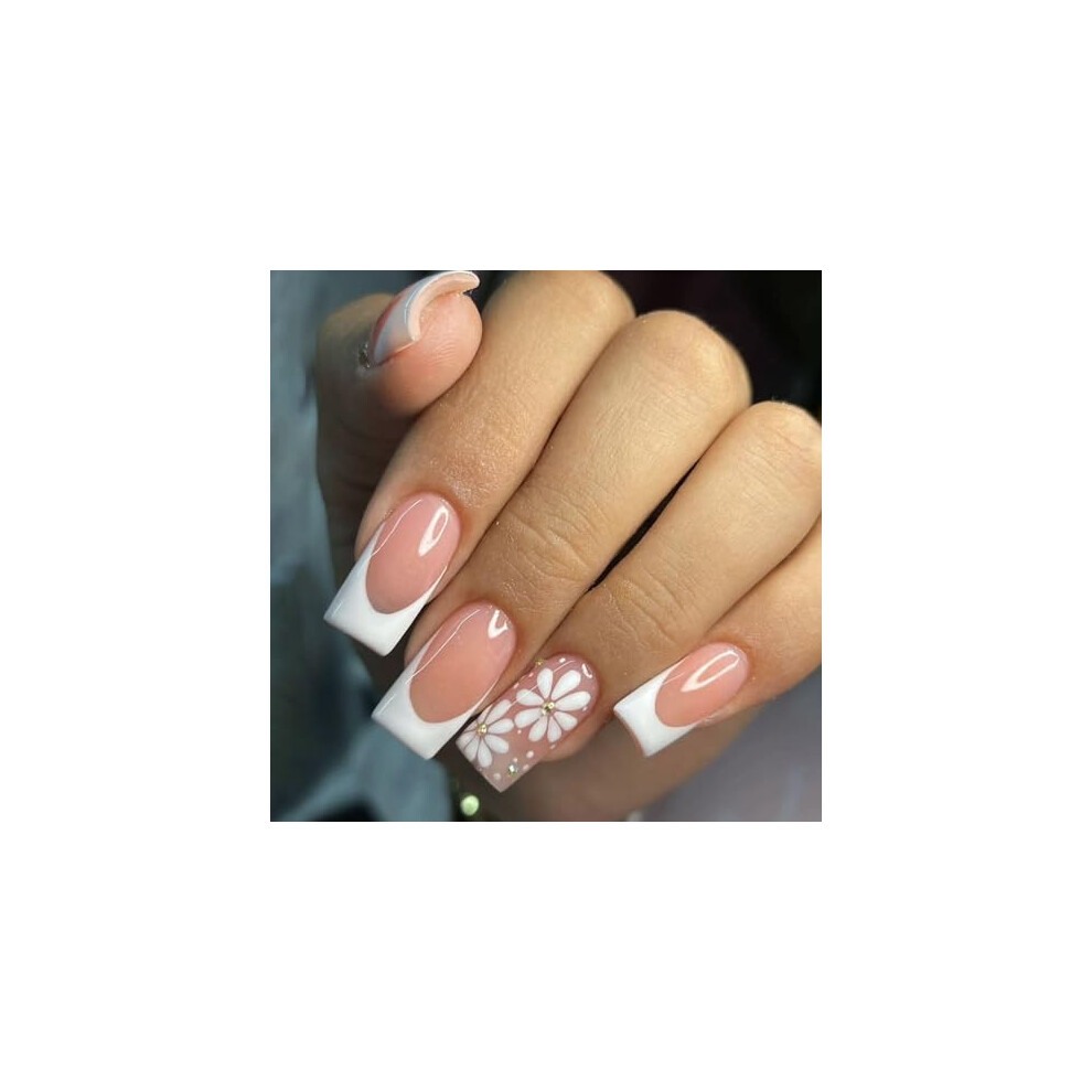 Press On Nails Set Medium Square Fake Nails Reusable Acrylic Tips with Glue