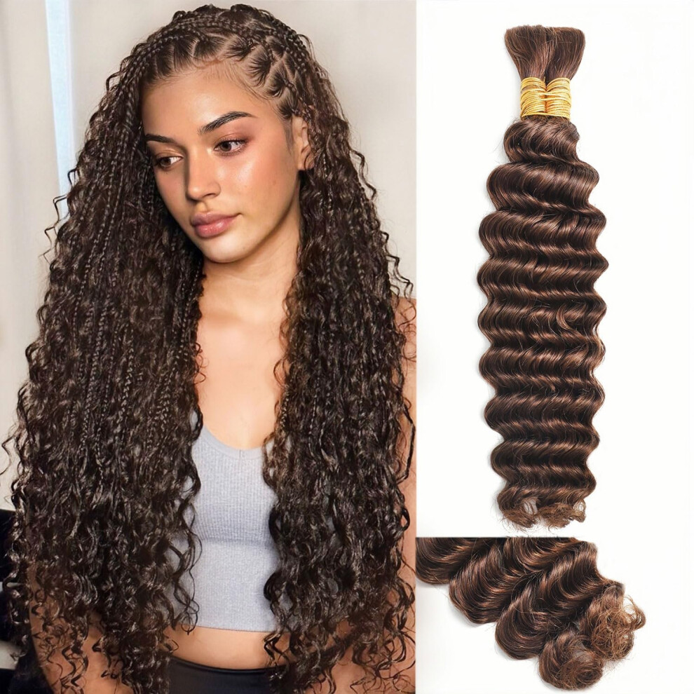 Boho Braids #4 Chocolate Brown 16In Virgin Human Hair Extensions Deep Wave Bulk for Easy Braiding