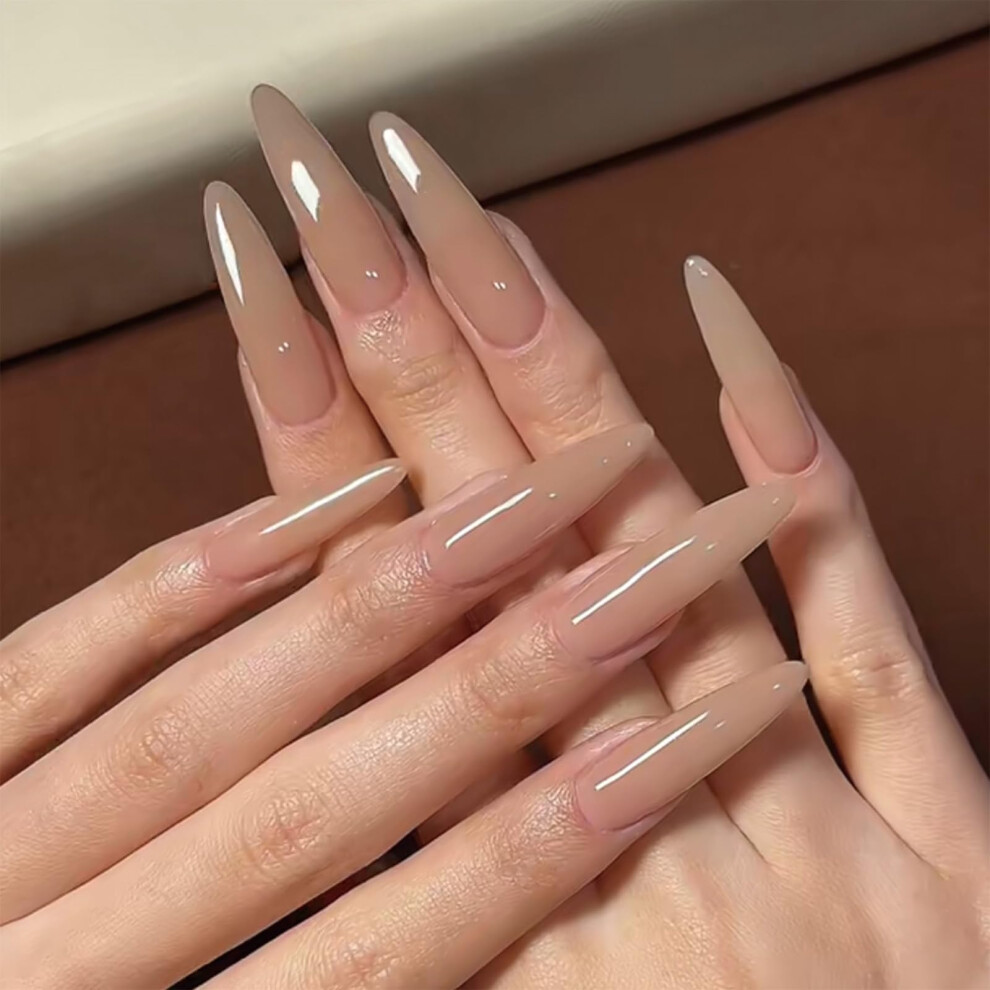 Cream Long Stiletto Press On Nails Nude Acrylic Fake Nails With Glue Almond Shape Glossy 24Pcs