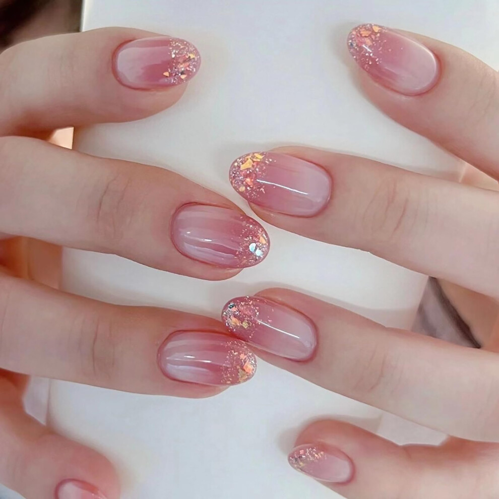 Pink Press On Nails Short Almond Gradient Glitter, 24 Pcs Easy Salon Look False Nails