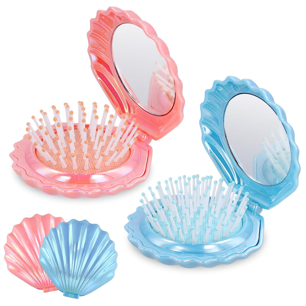 Unisex Blue,Pink 2Pcs Travel Hair Brush Set, Shell Shape Foldable Comb With Mirror, Compact For Women, Blue And Pink