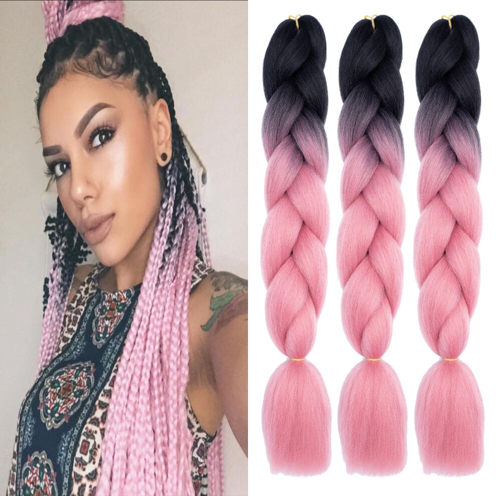 24 Inch Jumbo Braiding Hair Extensions, Ombre Black to Burgundy, Tangle Synthetic Fiber, 3 Packs