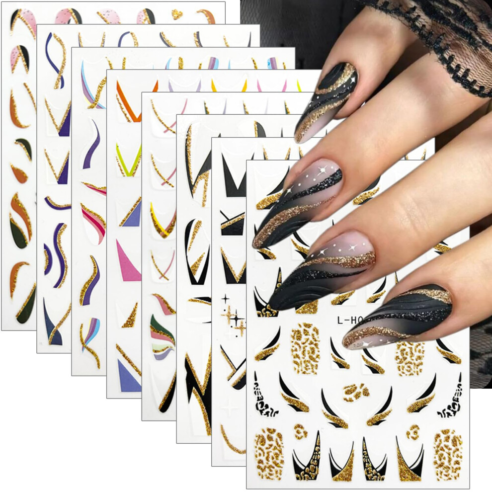 French Nail Stickers 8 Sheets SelfAdhesive Glitter Metallic 3D Decals for DIY French Manicure