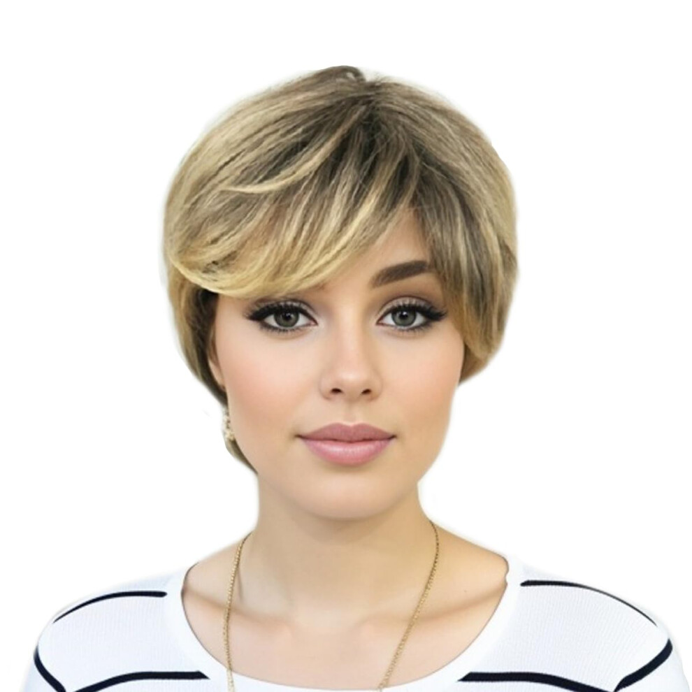 Short Straight Wig with Bangs 10 Inch Synthetic Light Gold Gradient for Women Natural Look