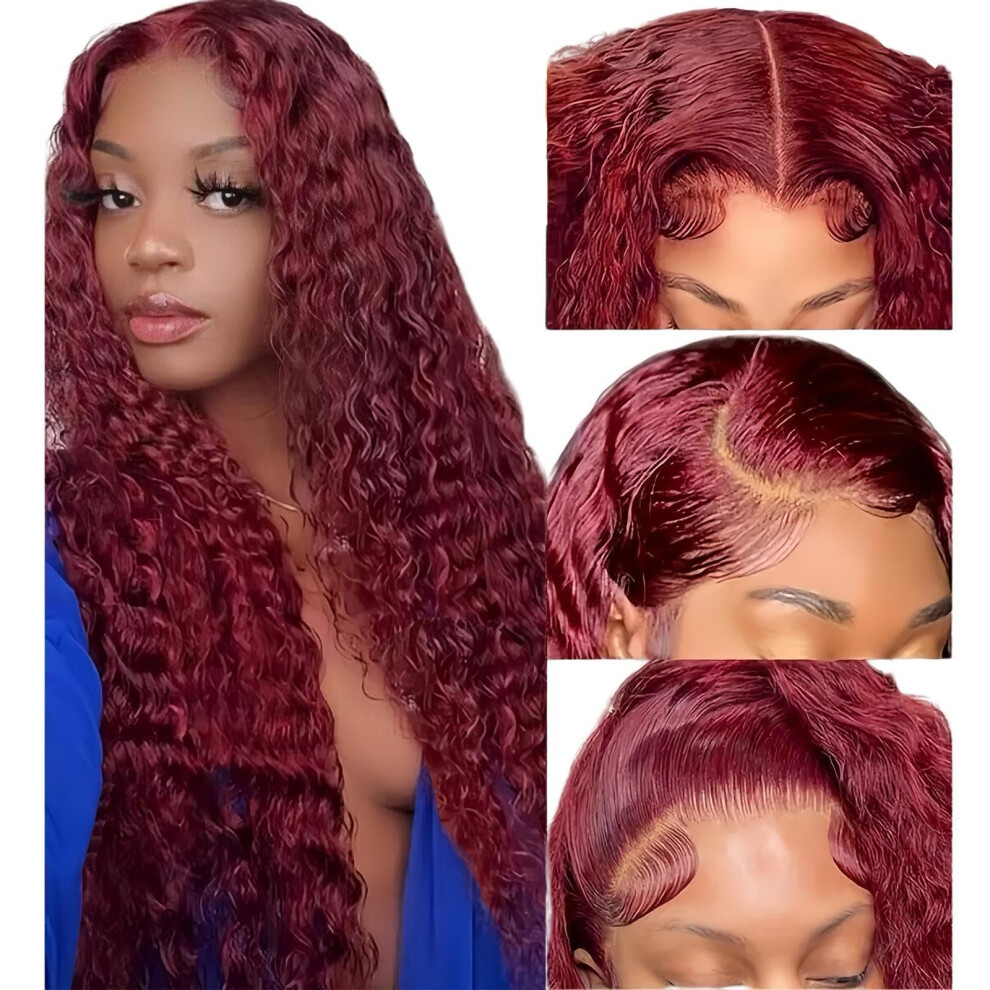Unisex Red 5X5 Glueless Lace Front Wig Brazilian Virgin Human Hair Deep Wave Pre Plucked Burgundy 22 Inch