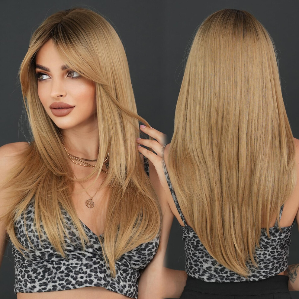 Blonde Layered Wig with Brown Roots Long Synthetic Hair with Curtain Bangs Heat Resistant for Women