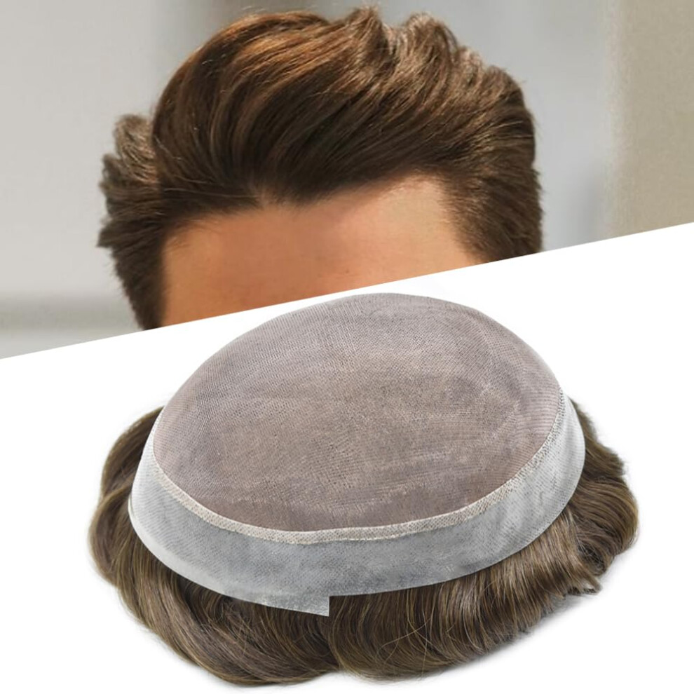 Unisex Brown Men's Toupee Remy Human Hair Mono Base With Clear Poly Perimeter 8X10 Medium Light Density Dark