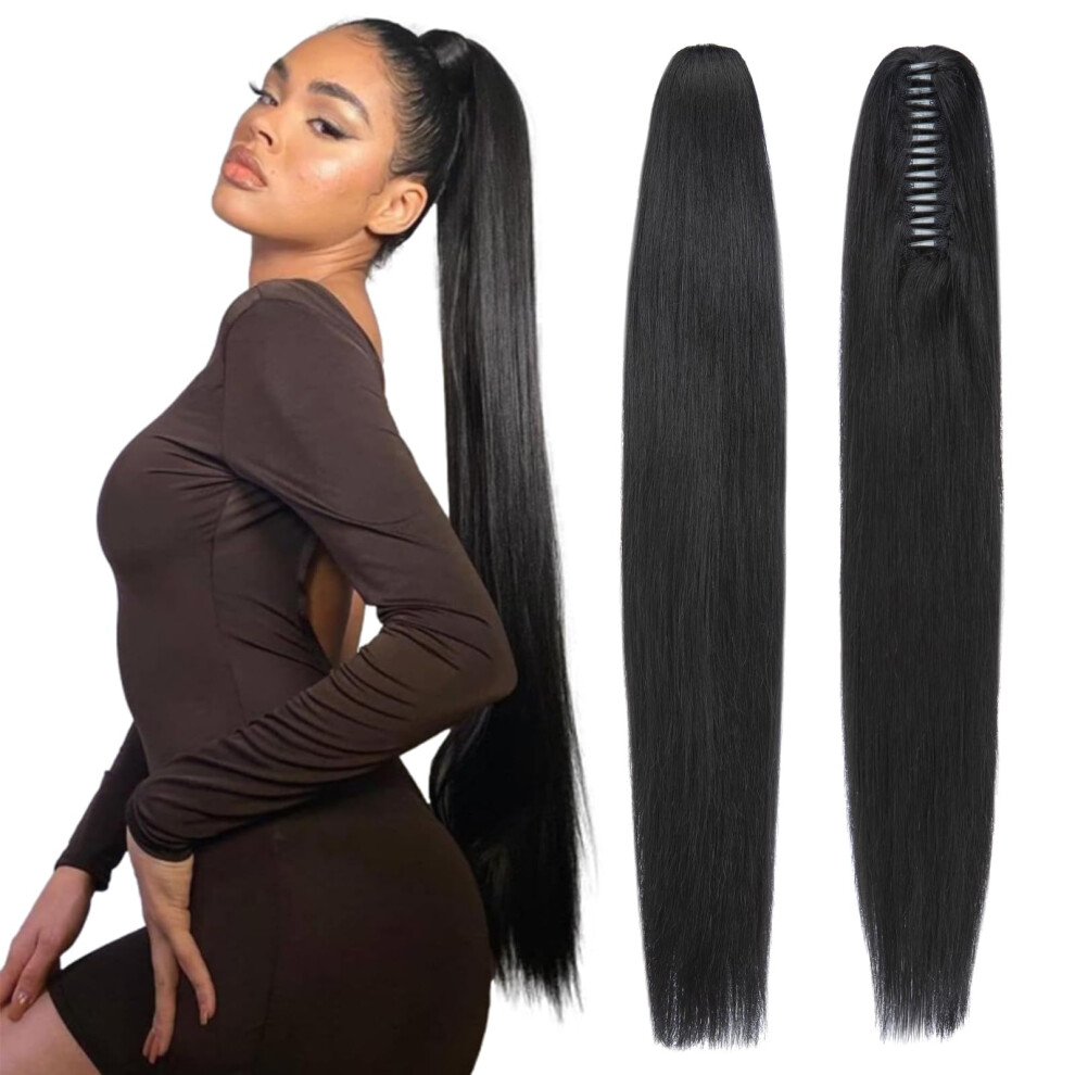 Unisex Black Jet 22 Inch Remy Human Hair Ponytail Extension With Quick Clip For Instant Length Boost