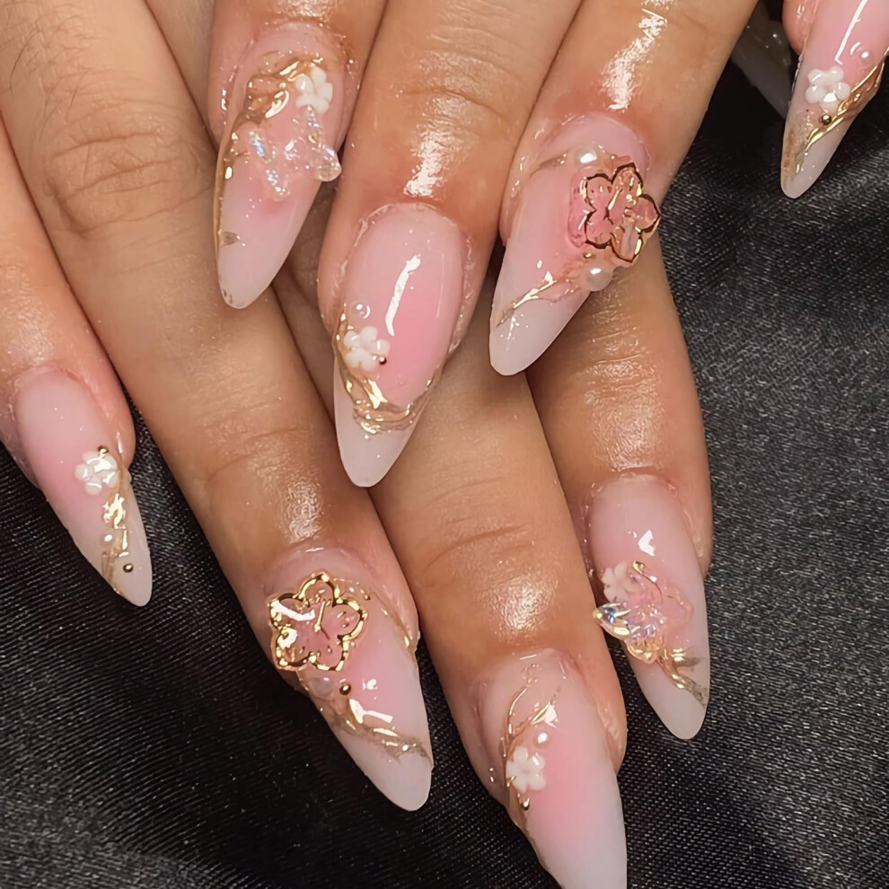 Pink,Gold Medium Almond Press On Nails With Glue, Pink Blush Gold Chrome Fake Nails, 24Pcs Salonquality