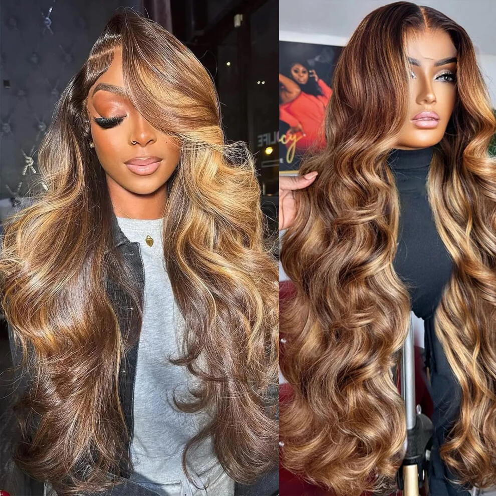 Unisex 13X6 Ombre Highlight Human Hair Lace Front Wig Honey Blonde Body Wave Glueless Pre Plucked 22''