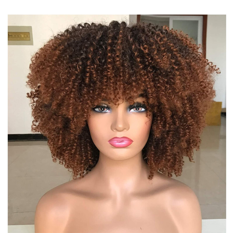 Unisex Black,Brown Curly Afro Wig With Bangs 14 Inch Ombre Brown Kinky Curls Adjustable Fit For Black Women