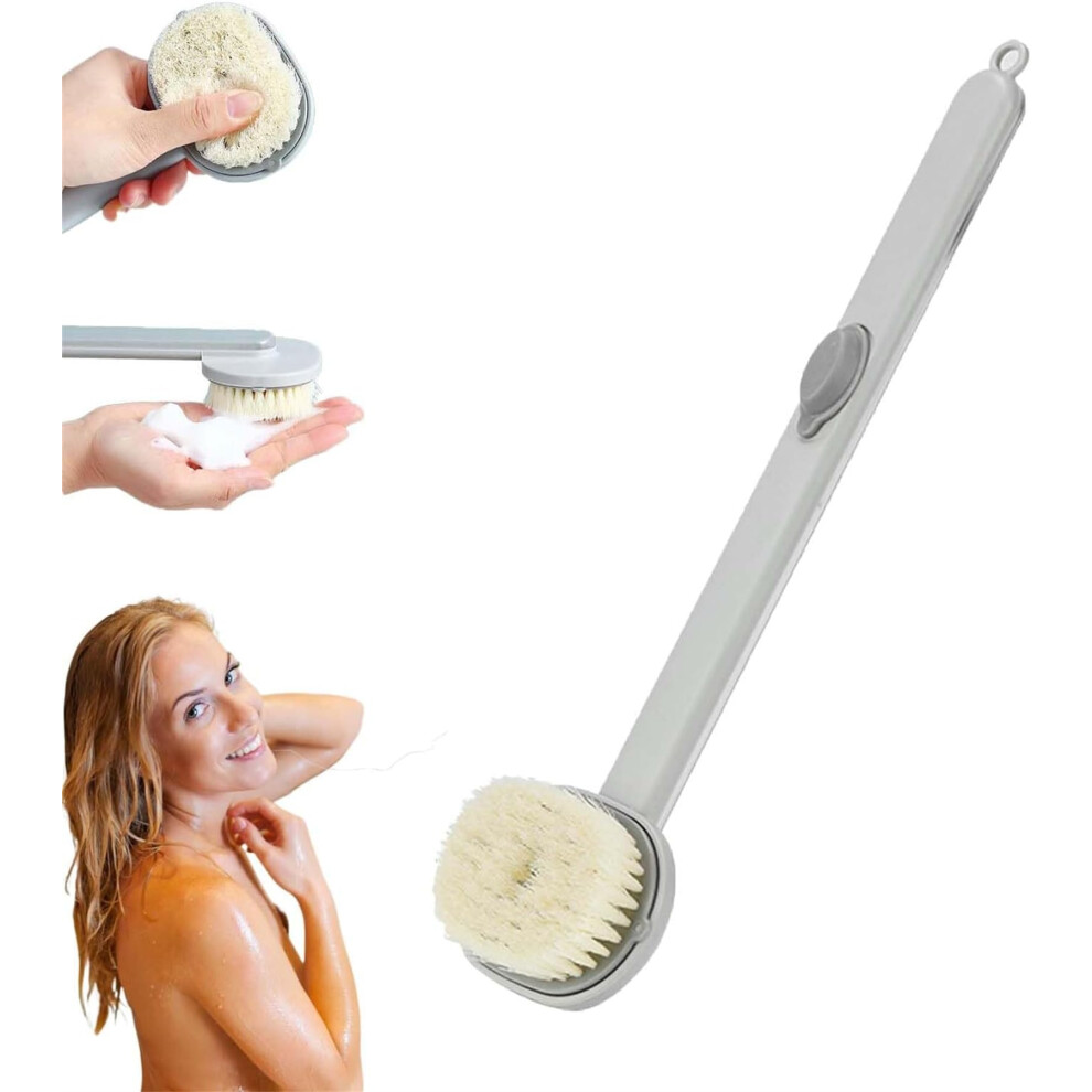 Long Handle Bath Brush with Soap Dispenser, Back Scrubber for Shower, Soft PBT Bristles Grey
