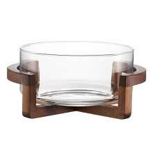 Large Glass Salad Bowl with Detachable Wooden Base 1800ml Heatproof Serving Bowl for Salad and Fruit
