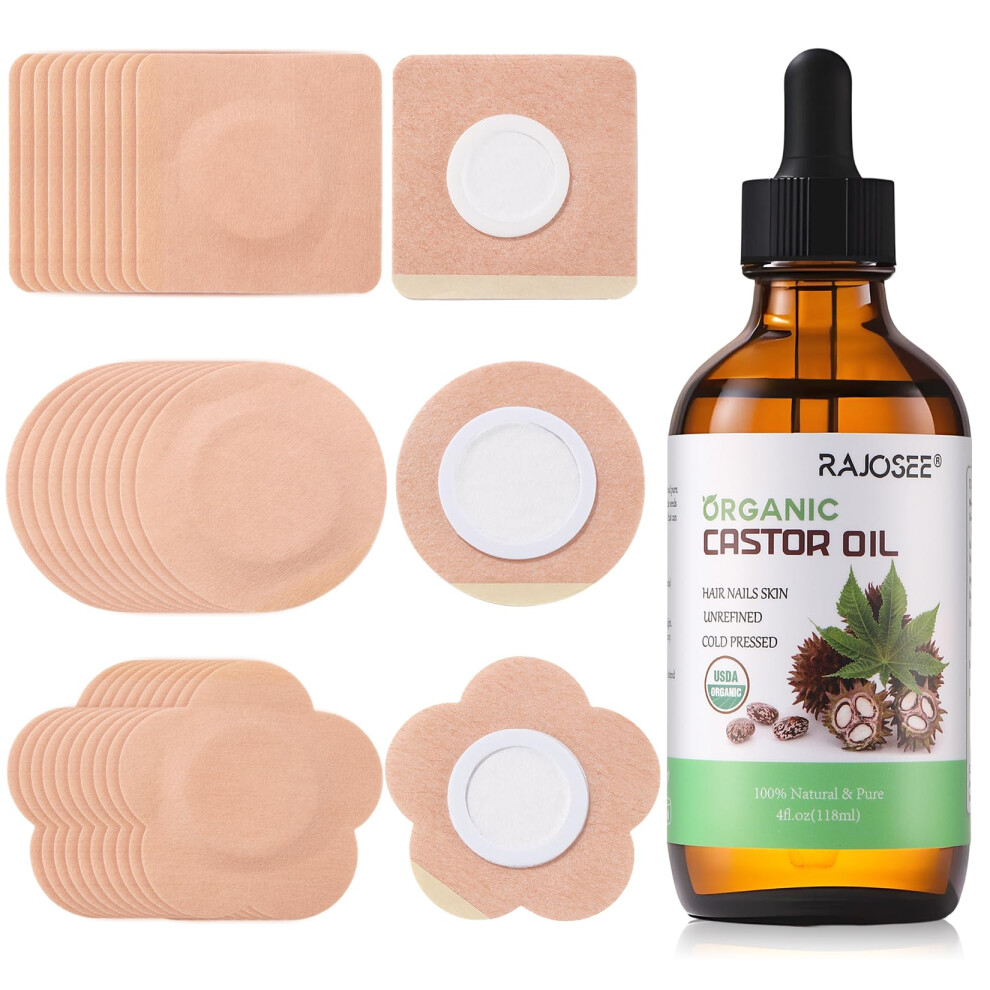 Castor Oil Pack for Belly Button with 4oz Organic Castor Oil and 30pcs Cotton Patches Leakproof