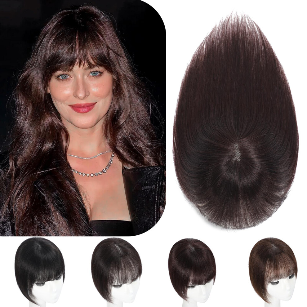 Unisex Brown Human Hair Topper With Bangs Lace Base Clipin For Thinning Hair 12 Inch Chestnut