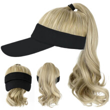 Wig Hat for Women with Curly Ponytail Cap, Sun Protection Wide Brim, Adjustable Fit