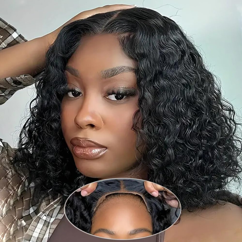Human Hair Bob Wig 12 Inch Deep Wave Glueless Lace Front Pre Plucked Precut 4x4 Lace Closure