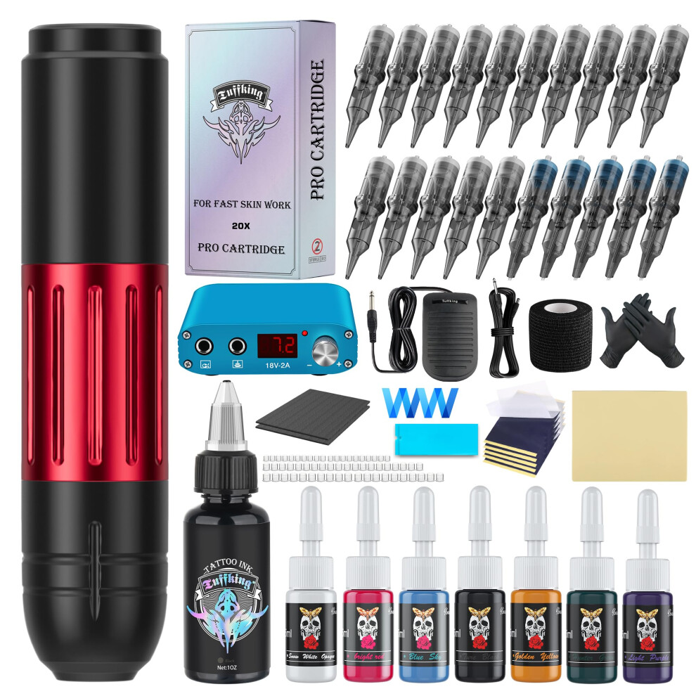 Professional Rotary Tattoo Gun Kit with Red Pen, Power Supply, 20 Needles and Beginner Accessories
