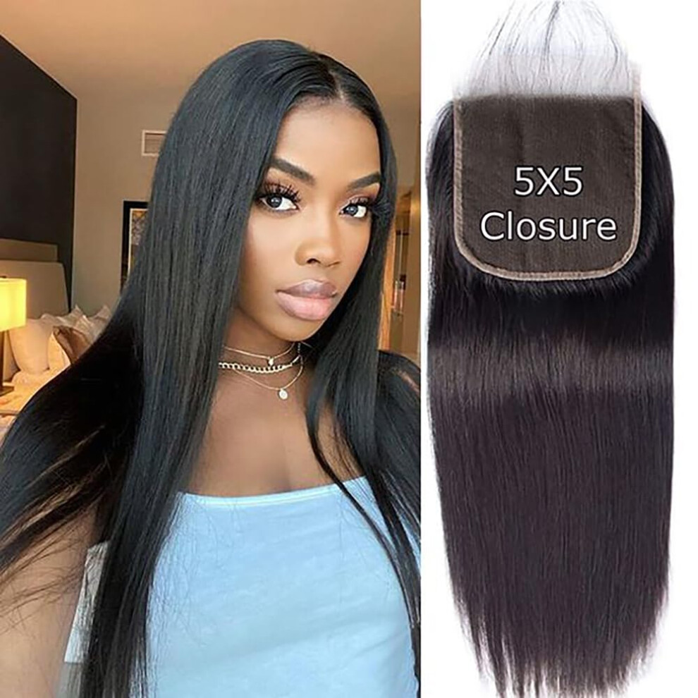 Unisex 5X5 Transparent Lace Closure Brazilian Virgin Human Hair Pre Plucked Natural Hairline 16 Inch