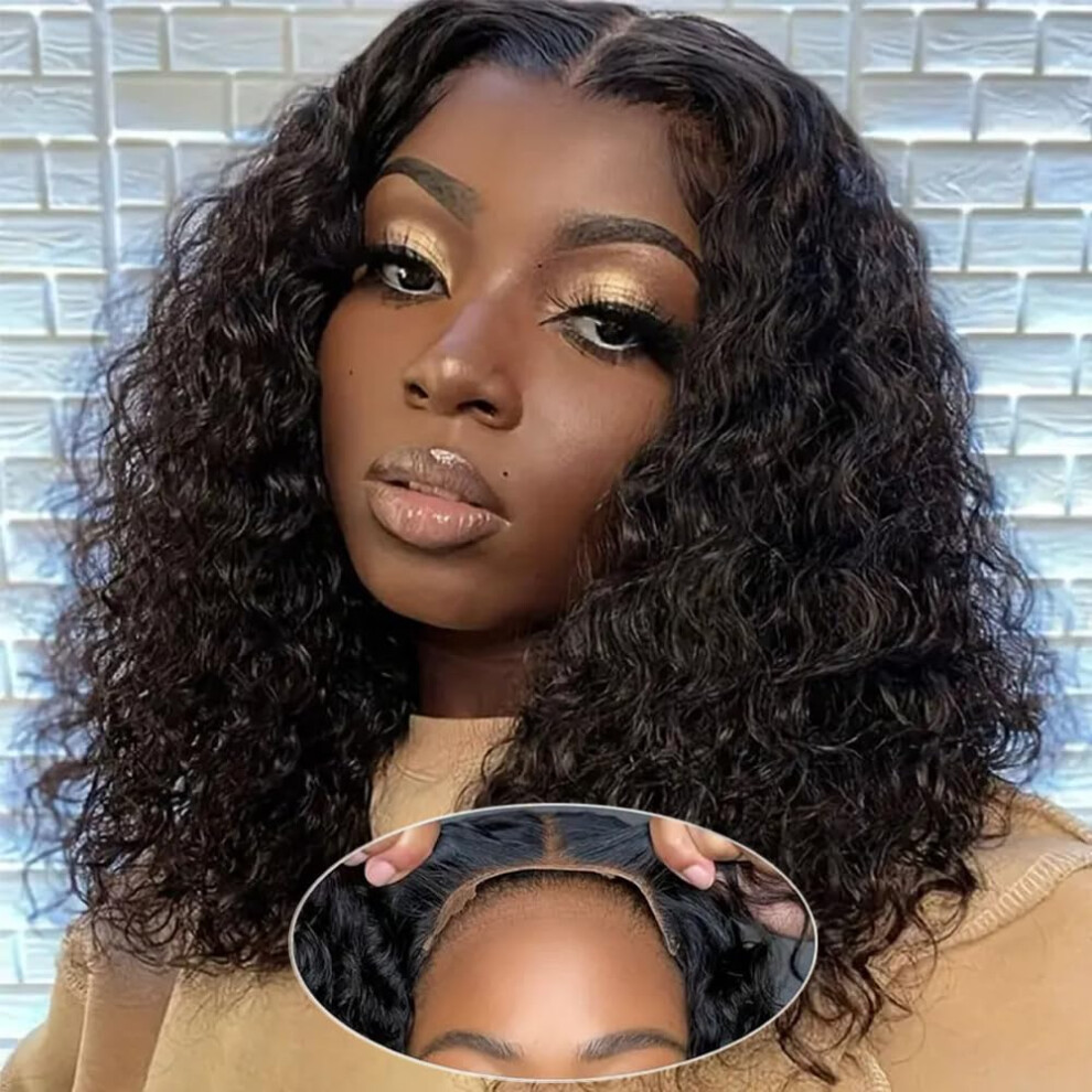16 Inch Deep Wave Human Hair Wig, Pre Plucked Glueless Lace Bob, Precut 4x4 Wear and Go for Black Women