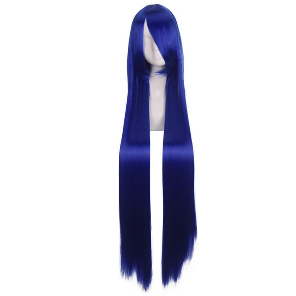 Unisex Blue 100Cm Sapphire Long Straight Cosplay Wig With Bangs Heat Resistant Synthetic Hair