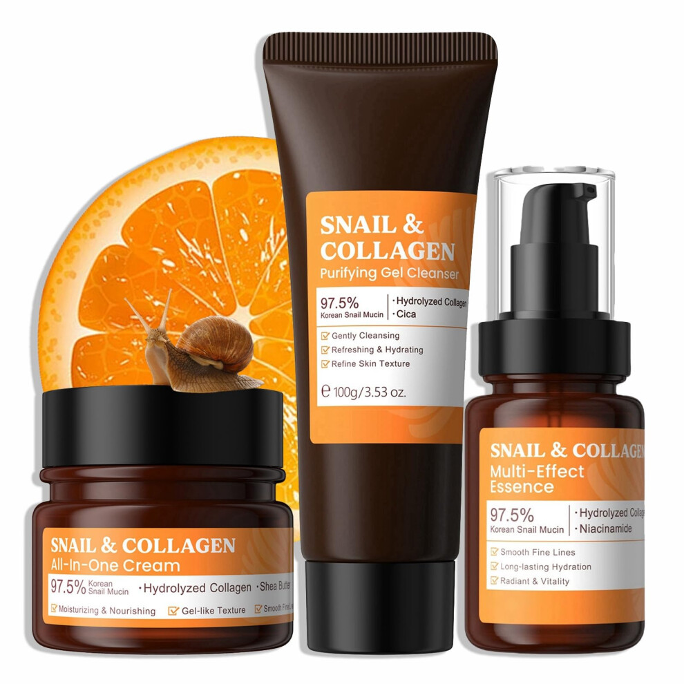 Snail Mucin Skin Care Set with Serum, Moisturizer and Cleanser for Deep Hydration and Anti Aging