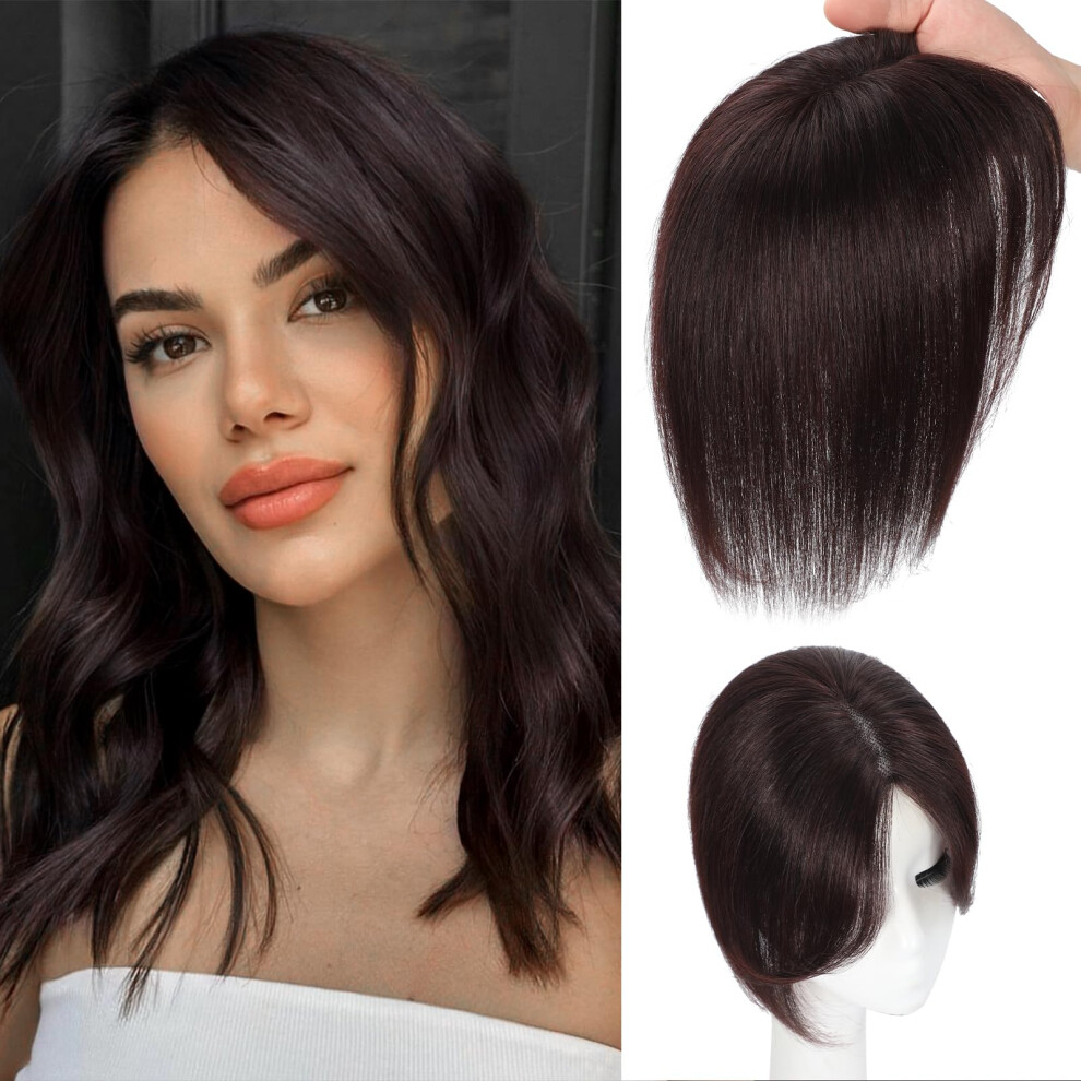 Unisex Brown Human Hair Topper With Bangs For Women, Lace Base Clip In For Thinning Hair, Chestnut 12'