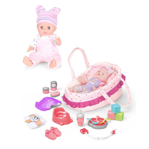 Berço para boneca Imaginary Play, conjunto de boneca de vinil com vestido de verão combinando para bonecas de 35 cm (14 polegadas), design lavável 2