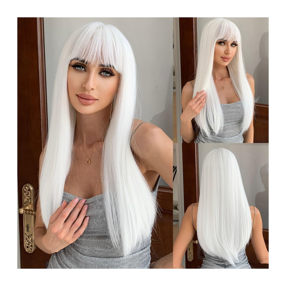 Human Hair Wig Light Brown Long Straight with Bangs Heat Resistant Synthetic for Black Women