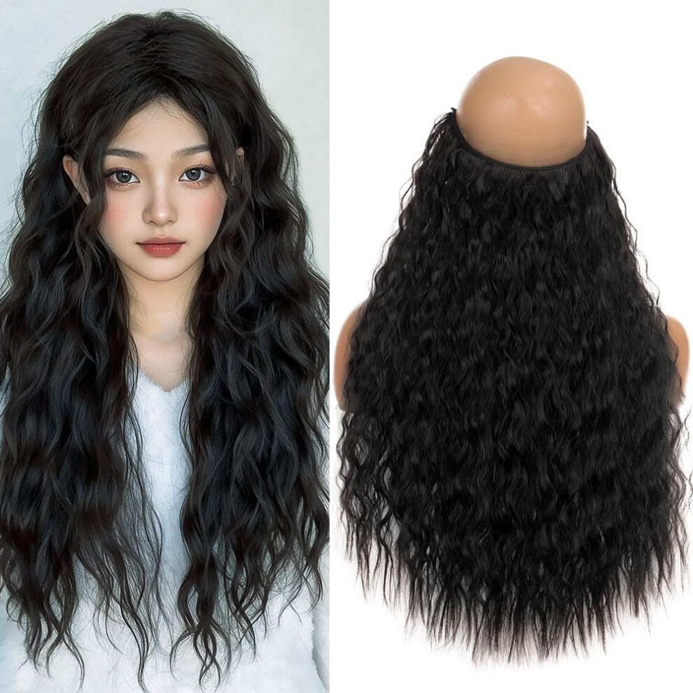 Unisex Invisible Wire Hair Extensions Curly 60Cm Synthetic Halo Hairpiece 30# Adjustable Wire For Volume