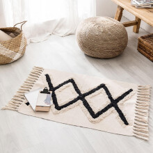 Bohemian Carpet Small Rectangular Rug Beige Black Rhombus Pattern With Tassels For Living Room Bedroom Kids Room 60x90cm