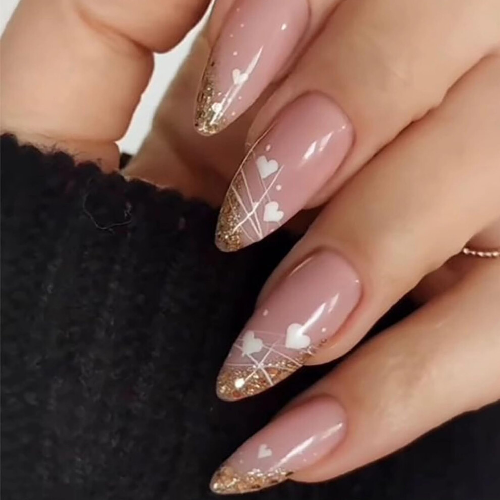 Valentine's Day Medium Almond Press On Nails with Glue, Gold Glitter French Tip Fake Nails Set